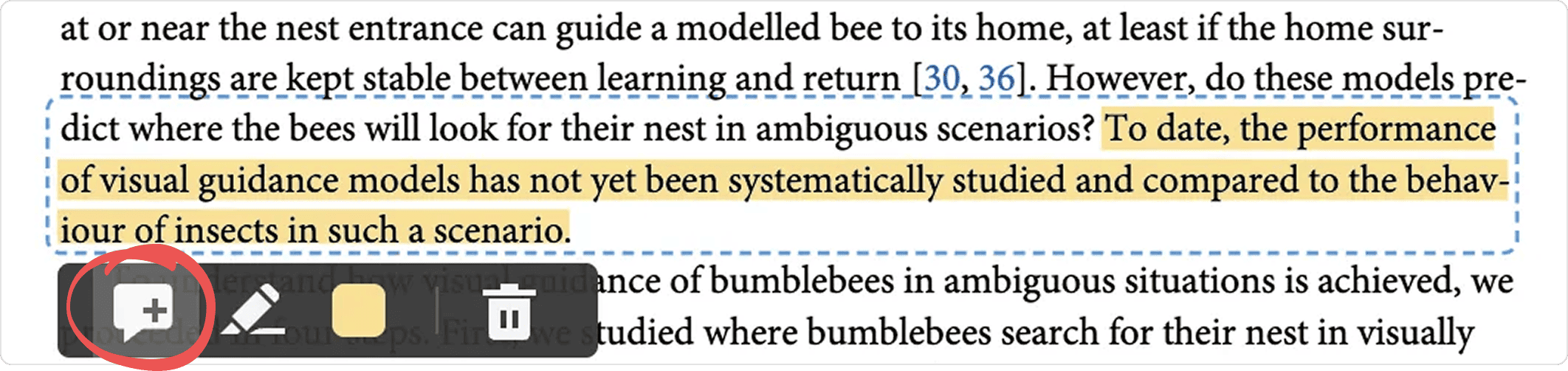 A highlighted passage in a PDF selected with a dashed outline, and a small toolbar below it with the sticky note button circled, beside highlight, colour and delete buttons.